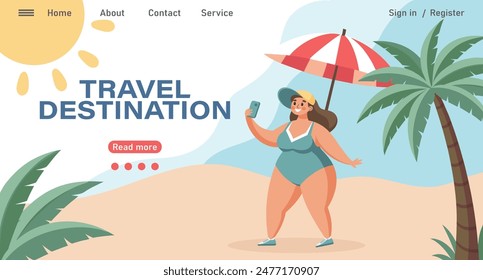 Travel destinations summer landing page. Happy woman in a swimsuit taking a selfie with a smartphone. Beach holiday concept illustration. Vector