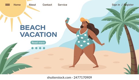 Travel destinations summer landing page. Happy woman in a swimsuit taking a selfie with a smartphone. Beach holiday concept illustration. Vector