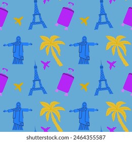 Travel destinations summer seamless pattern. Can used for textile, cover design, posters. Modern flat style.