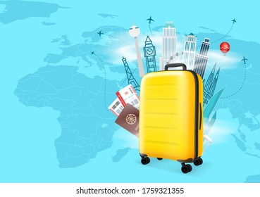 Travel destinations vector concept with yellow bag