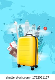 Travel destinations vector concept with yellow bag