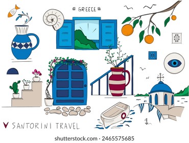 Travel destinatiouns Santorini. Santorini Attractions. Sketch style. Hand drawing. Vector