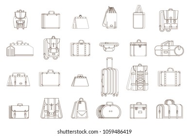 Travel different icon line bags, backpacks, cases, luggage and set of travel bag, suitcase flat isometric  illustration. Set illustrations for traveling, hiking, flying, resting, resting, vacation.