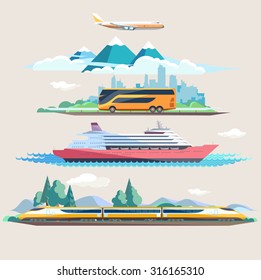 Travel to different transport. Flat design.