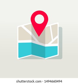Travel direction place on map marked with pointer symbol vector illustration, flat cartoon map destination and red pin spot icon, idea of gps or navigation route sign 