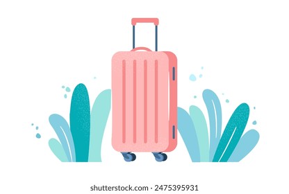 Travel directions. Large coral travel suitcase on wheels. Travel luggage. Concept of vacation, travel, adventure, tourism, luggage, bag. Vector flat illustration