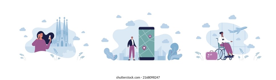 Travel for disabled people concept. Vector flat person illustration set. Woman in wheelchair, blind and deaf character. Airport departure zone. City map on smartphone. Cathedral building.