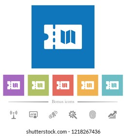 Travel discount coupon flat white icons in square backgrounds. 6 bonus icons included.