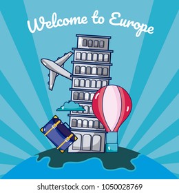 Travel and discover europe cartoons over striped blue background
