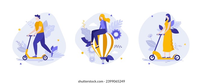 Travel to discover world flat concept vector illustrations set. Variety vehicles for tourists experience cartoon composition. Eco friendly transportation types creative idea for website, presentation