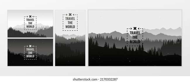 Travel discovering, exploring and observing nature. Black and white. Design web banner set. Flat landscape with mountains and forest silhouette vintage grunge texture. Vector background illustration. 