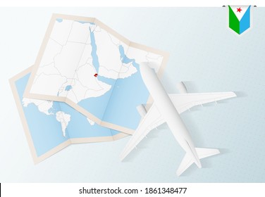 Travel to Djibouti, top view airplane with map and flag of Djibouti. Travel and tourism banner design.