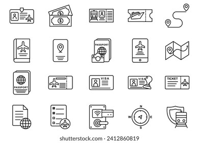 travel document icon set. passport, boarding pass, visa, road map, id card, etc. line icon style design. simple vector design editable. element illustration