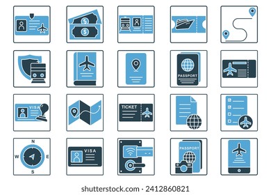 travel document icon set. passport, boarding pass, visa, road map, id card, etc. solid icon style design. simple vector design editable. element illustration