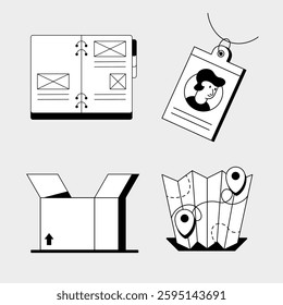 Travel and Documentation Icons Set - Open Book, ID Badge, Open Box, and Map with Location Pins