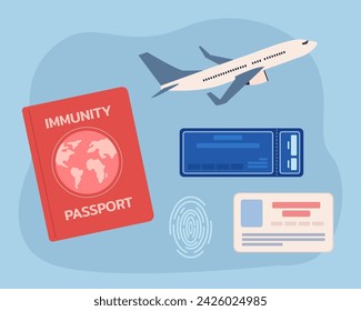 Ilustración plana del vector de los documentos de viaje con el avión en fondo. Documento de identificación, pasaporte de inmunidad, billete de avión y huella dactilar. Concepto de turismo, viajes, transporte