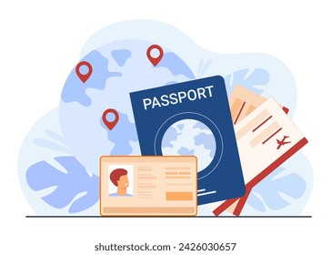 Ilustración vectorial plana de documentos de viaje. Globo con punto de destino en el fondo. Documento de identificación, pasaporte, billetes de avión. Turismo, concepto de viaje