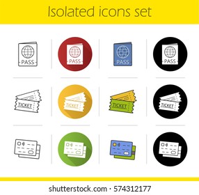 Travel documents icons set. Flat design, linear, black and color styles. Passport, tickets, id and credit cards. Isolated vector illustrations