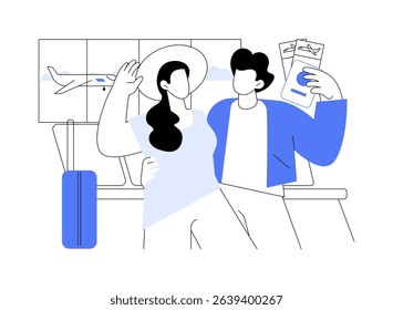 Travel documents isolated cartoon vector illustrations. Happy couple holding passport, visas and tickets, long awaited vacation, ready for travelling, waiting for summer journey vector cartoon.