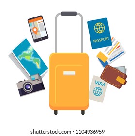 Travel Documents And Items Set , Luggage With Handle, Map On Mobile Phone, Pasport Tickets, Visa Document, Wallet Full Of Money Vector Illustration