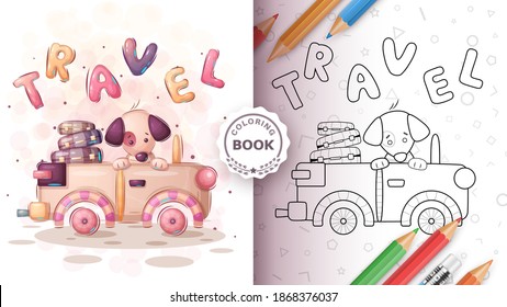Travel dog in the car - coloring page. Vector eps 10