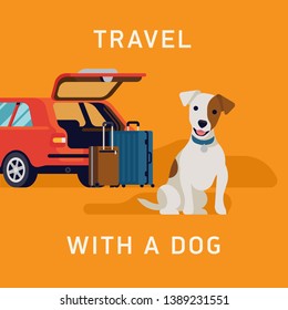 Travel with a dog concept vector illustration with medium sized dog jack russell terrier sitting in front of suitcases and open car trunk. Travelling with pets by car flat design image