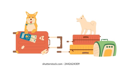 Travel with dog. Corgi and puppy with passport, flight tickets and suitcase near pets carrier isolated on white background. Trip for adventure and rest with domestic animal. Vector flat illustration.