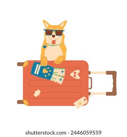 Travel with dog. Corgi in sunglasses with passport, flight tickets and suitcase isolated on white background. Trip for adventure and rest with pets. Vector flat illustration.