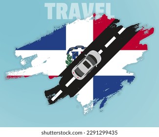 Travel to Dominican Republic by car, going holiday idea, vacation and travel banner concept, car on the road with Dominican Republic flag, international car travel, automobile going on a way, top view