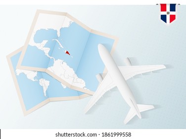 Travel to Dominican Republic, top view airplane with map and flag of Dominican Republic. Travel and tourism banner design.