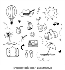 Reisedoodle-Sammlung. Satz einfacher Vektorgrafiken, einzeln auf Weiß.

