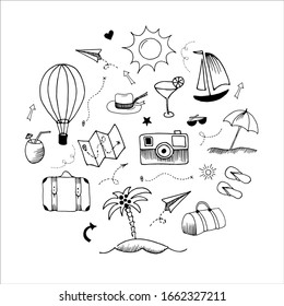 Travel doodle collection. Set of simple vector illustrations, isolated on white.
