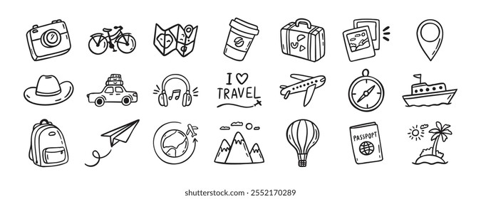 Conjunto de iconos dibujados a mano de doodle de viaje. Esquema dibujando los símbolos del Clipart de la línea de turismo de viajes. Ilustración vectorial