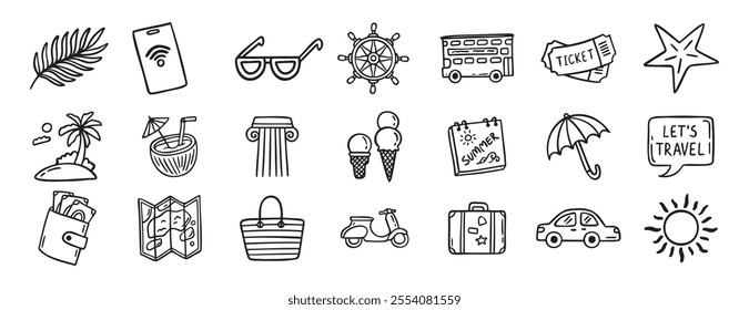 travel doodle hand drawn icon set. Outline drawing travel tourism line clipart symbols. Vector illustration