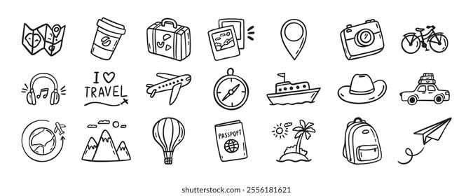 travel doodle hand drawn icon set. Outline drawing travel tourism line clipart symbols. Vector illustration