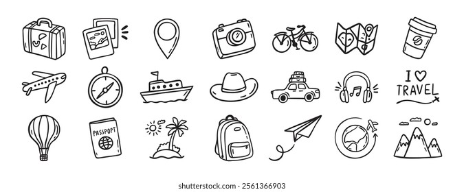 travel doodle hand drawn icon set. Outline drawing travel tourism line clipart symbols. Vector illustration