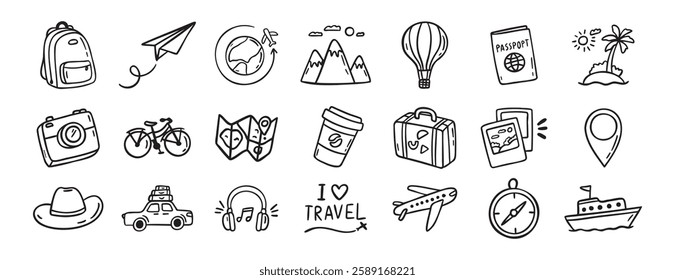 travel doodle hand drawn icon set. Outline drawing travel tourism line clipart symbols. Vector illustration