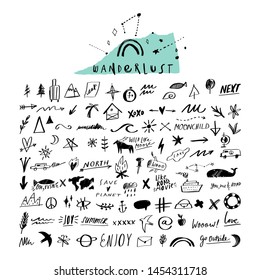 Travel doodle handdrawn sketch vector icons set. Symbols, signs, photo overlays collection