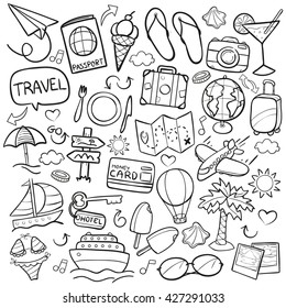 Travel Doodle Icons. Hand Made Illustration. Sketch Line Art. Tourist Objects Vacation. Summer Adventure.