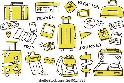 Travel doodle icons set. Hand drawn illustration of travel doodles vector icons for web design