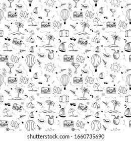 Travel doodle pattern. Seamless vector backdrop. Simple vector illustrations on transparent background.