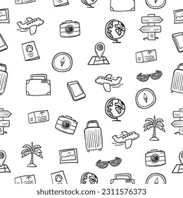 Travel doodle seamless pattern with a black and white color suitable for background 