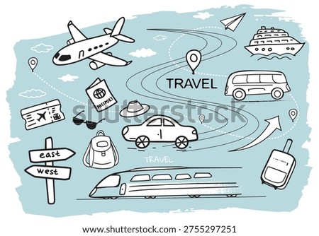 Travel doodle set with airplane, train, cruise ship, car, bus, passport, backpack and route icons in a playful hand-drawn illustration style