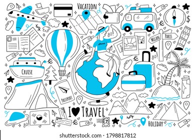 Travel doodle set. Collection of hand drawn sketches templates of people tourists travelling around world on holiday or vacation at cruise or plane. Active lifestyle tourism recreation illustration.