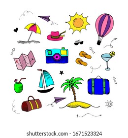 Juego de doodles de viaje. Elementos simples de color aislados en blanco. Colección de ilustración de caricaturas dibujadas a mano.