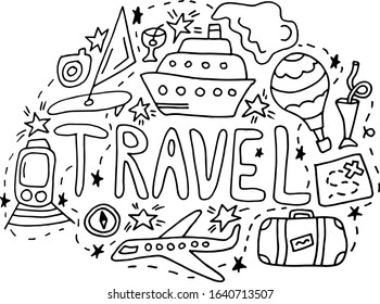 Travel doodle.black hand drawn thin line postcard about travelling with lettering. Ship, train, map, stars and directions. isolated on white background. Doodle summer card. Colored Vector illustration
