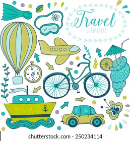 Travel doodles elements.  Vacation design, Bicycle, car, plane, flight.  Vector illustration