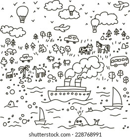 Travel doodles objects seamless pattern Black and white vector seamless pattern