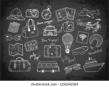 Travel doodles on blackboard background