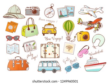 Travel doodles on white background.